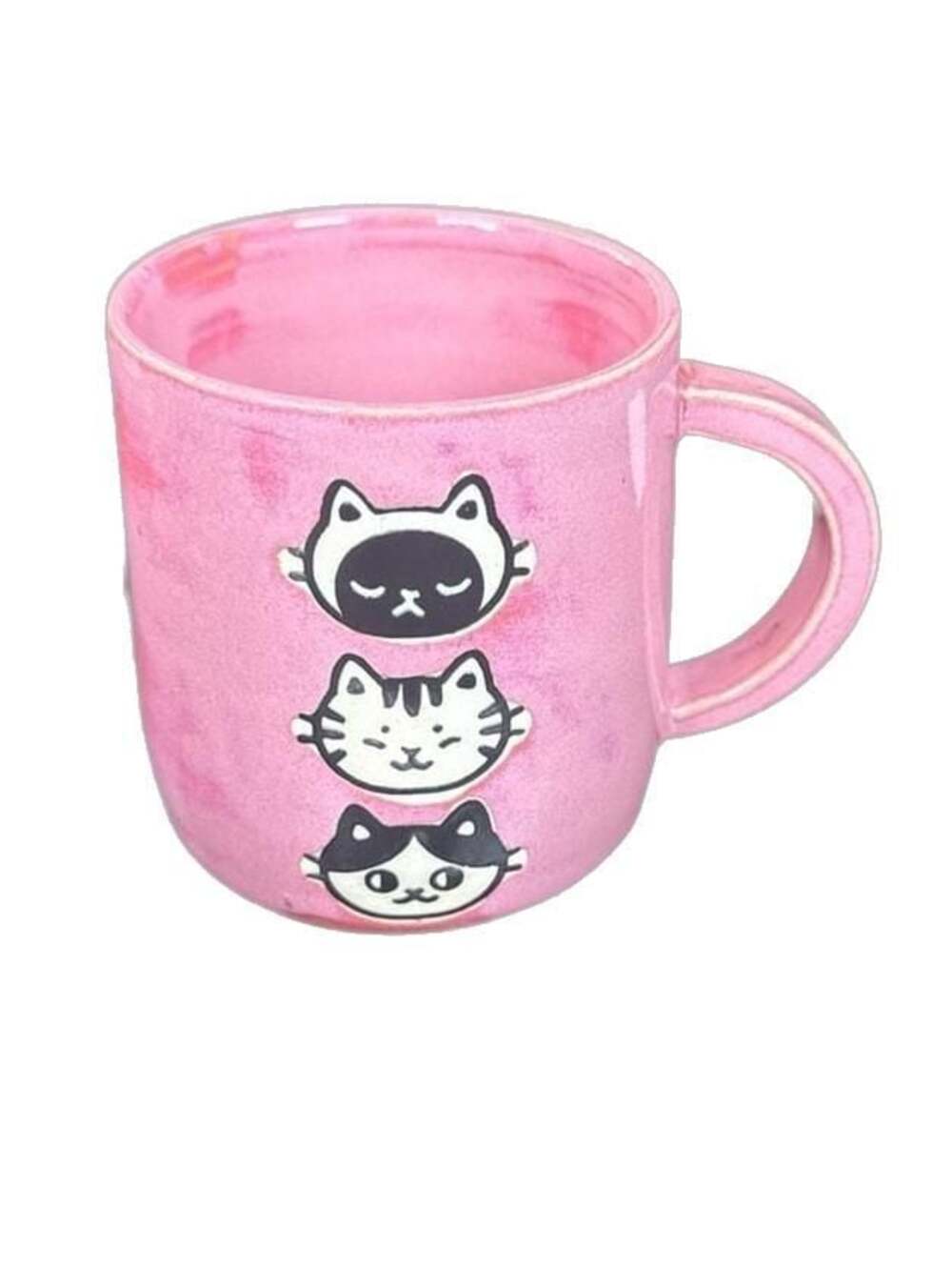 Sayukips Handmade Pink Ceramic Mug with Three Cats